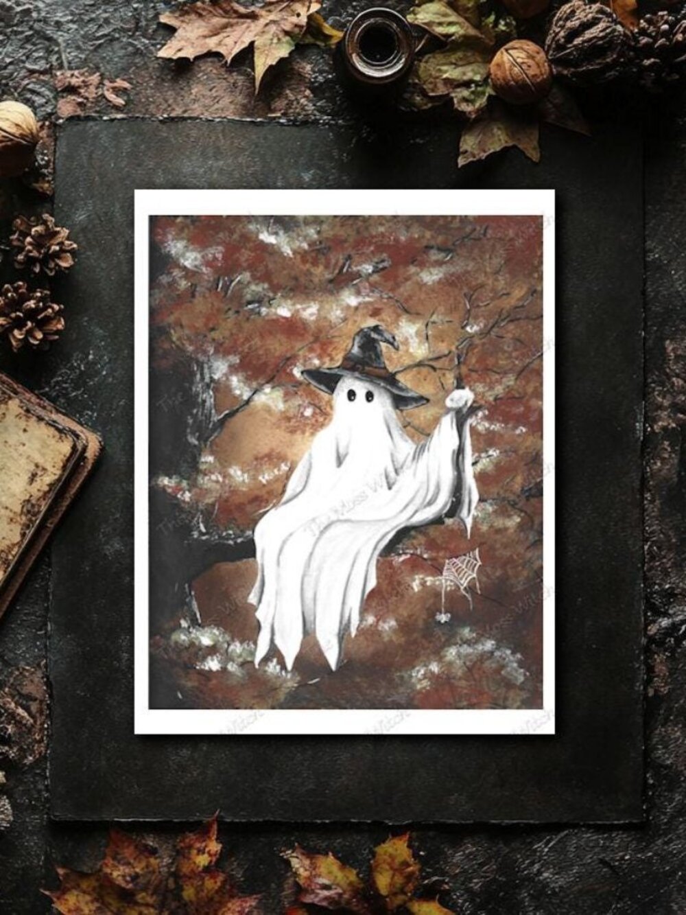 8x10 Fine Art Print, Witch Ghost in an Autumn Tree Painting, "Falling Ghosts" Sp